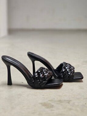 Braided Black High-Heel Sandals With Square Toe & Slip-On Design By Bella Marie